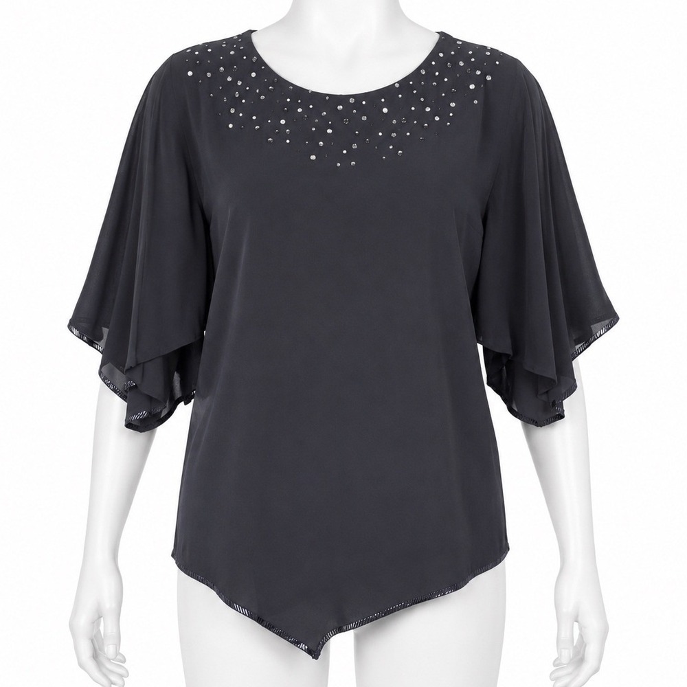 Drapers & Damons Silk Blouse Large Black Sequin Neck Flutter Sleeve Asymmetric